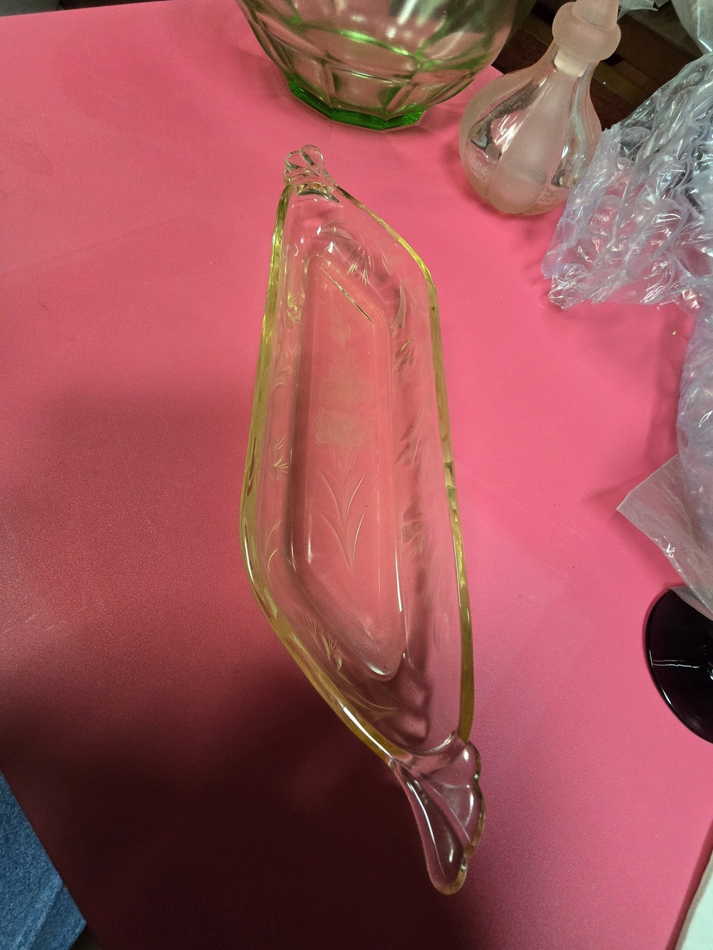 Vintage Etched Yellow Glass Celery Dish